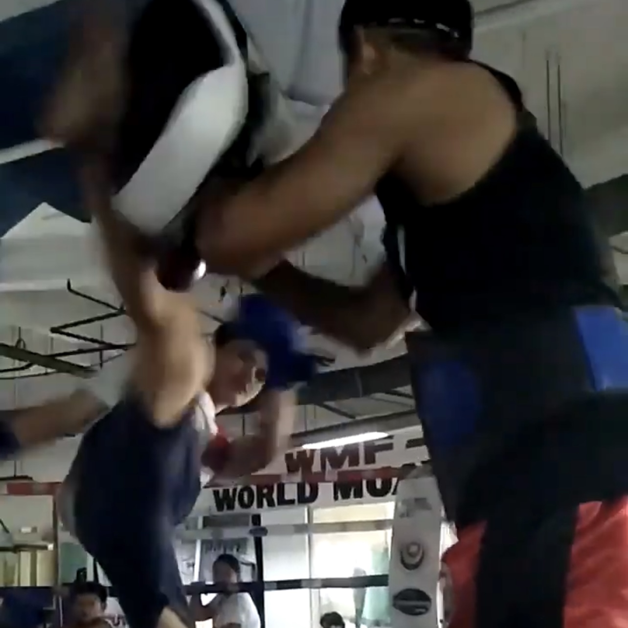 A Muay Thai training session with gloves and striking pads